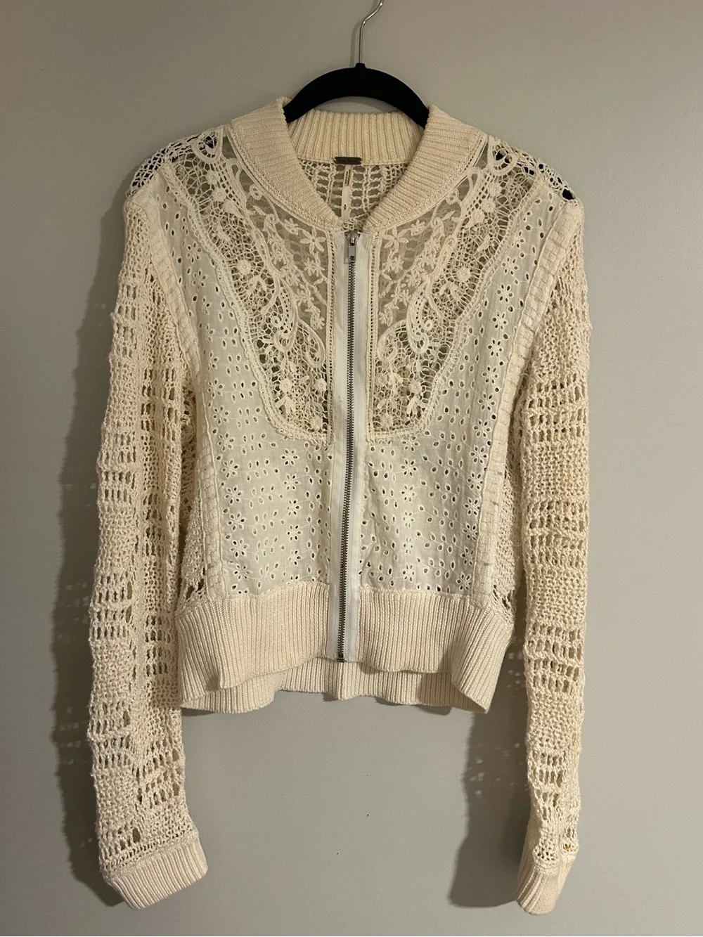 Free People Crochet Lace Bomber Jacket | Boho Festival Cottagecore - Size S